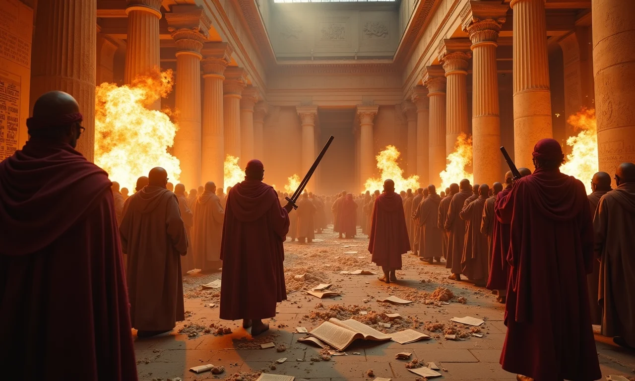 Fanáticos religiosos destroem livros e artefatos na Biblioteca de Alexandria.