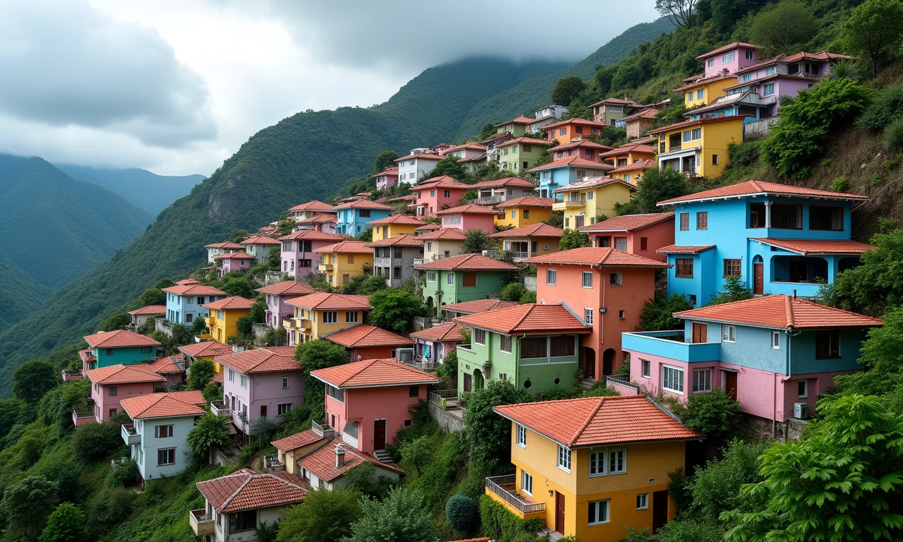 Favela brasileira construída na encosta, mostrando adaptação da arquitetura ao relevo.