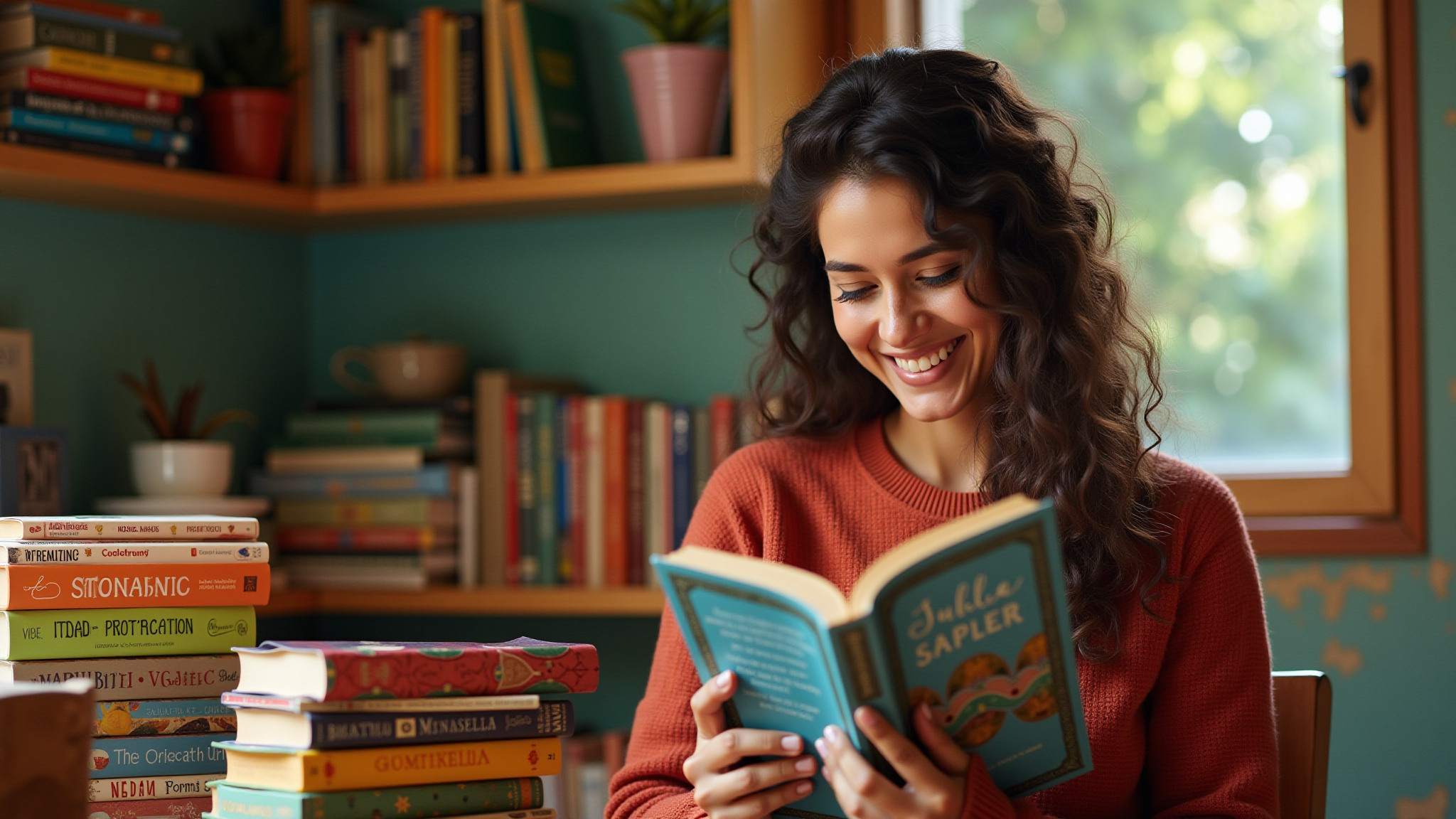 Cantinho de leitura aconchegante e colorido com livros infantis.