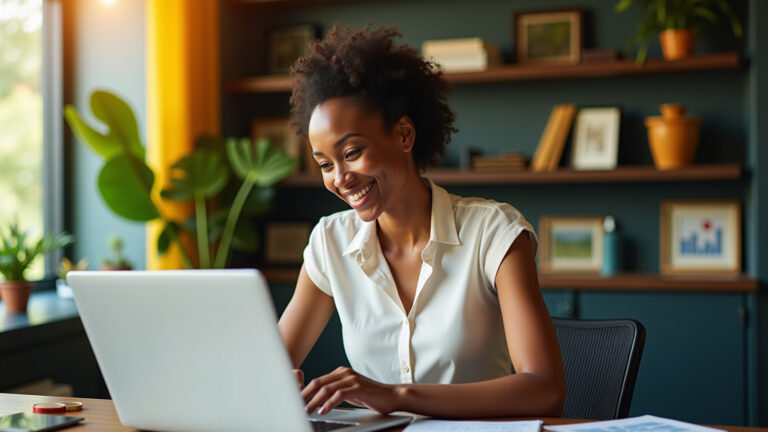 Gestor de tráfego sorrindo, analisando dados financeiros em escritório vibrante.
