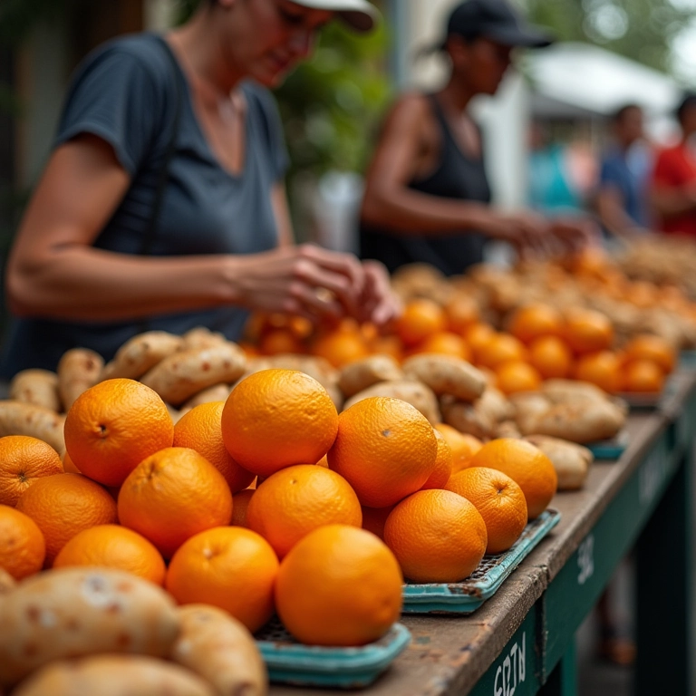Feira de rua brasileira com vendedores oferecendo produtos em grupos de 6.