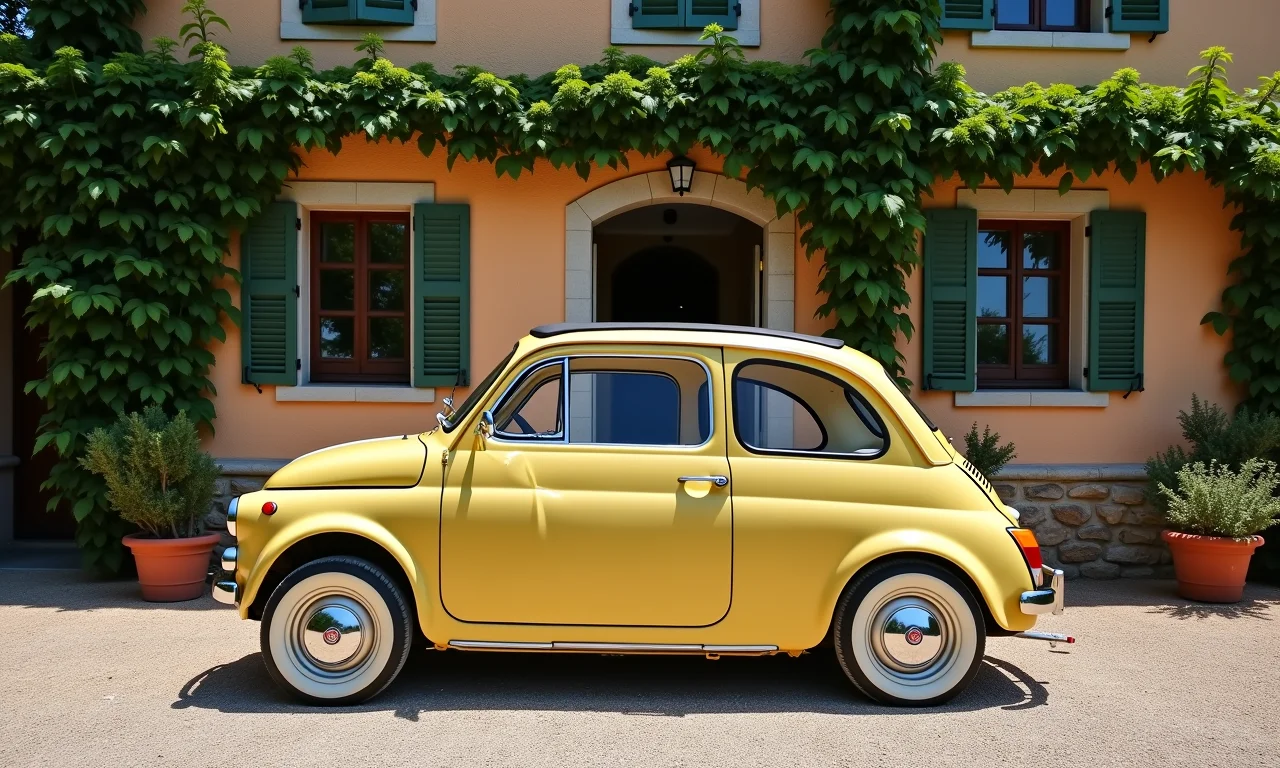 Fiat 500 clássico em frente a uma vila italiana rústica.