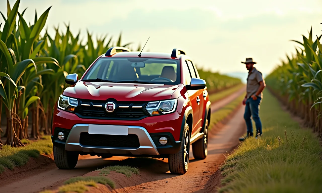 Fiat Toro vermelha em estrada de terra com agricultor ao fundo.