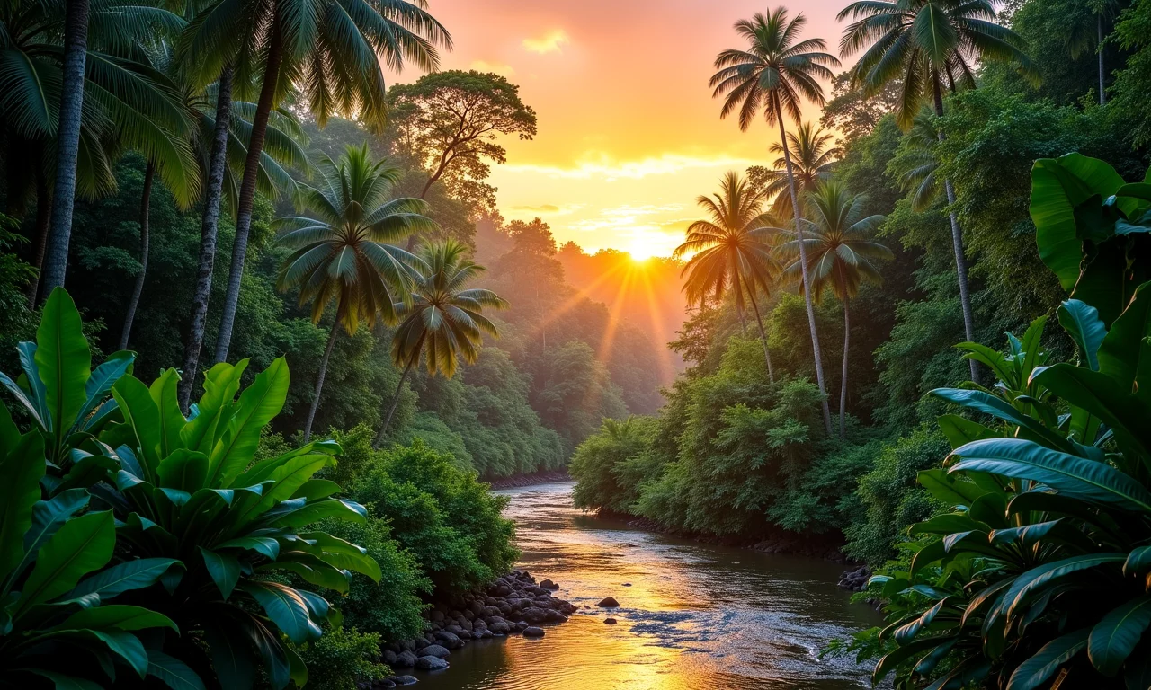 Floresta Amazônica ao pôr do sol, vegetação exuberante.