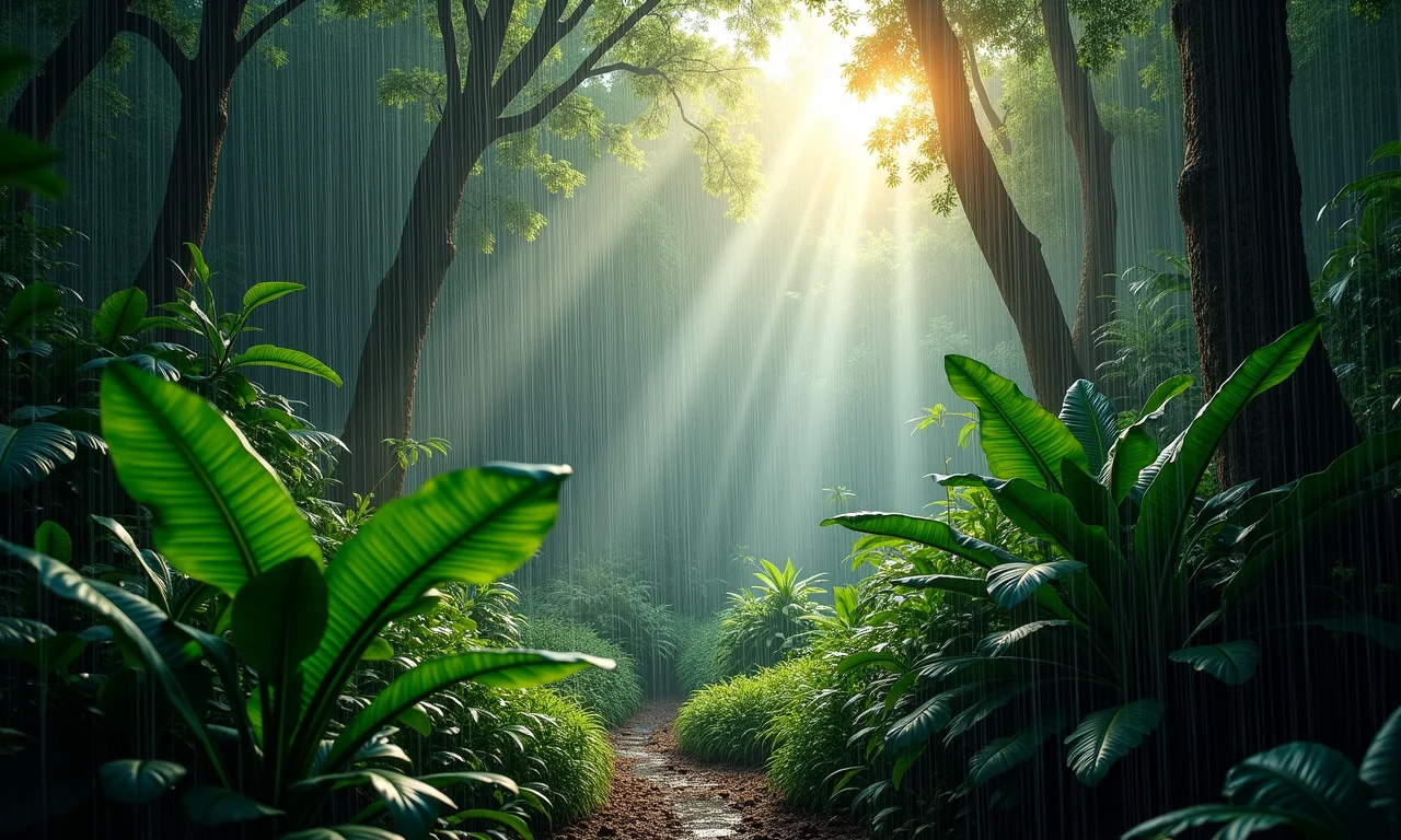 Floresta Amazônica exuberante com chuva forte e vegetação verdejante.