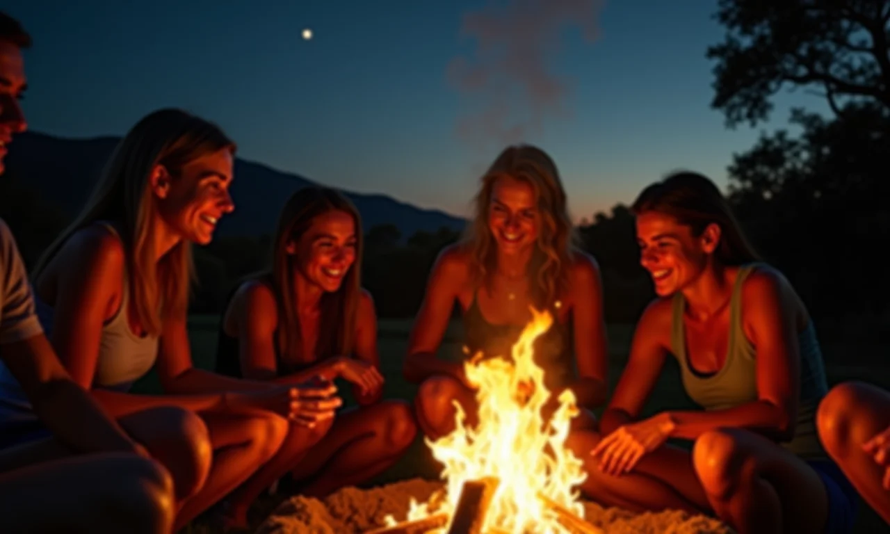 Fogueira crepitando ao entardecer, pessoas reunidas em volta.