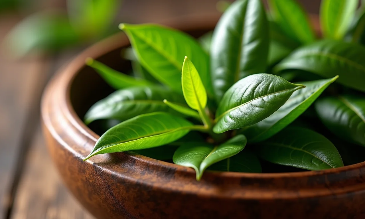 Folhas de louro frescas em uma tigela de madeira rústica.