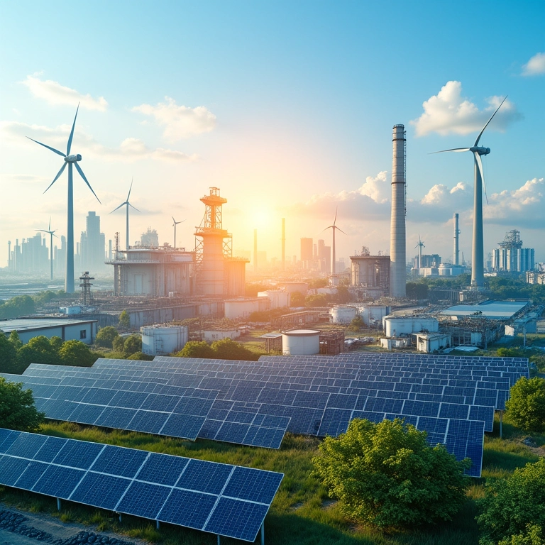 Fontes de energia globais: petróleo, gás, carvão, nuclear e solar.