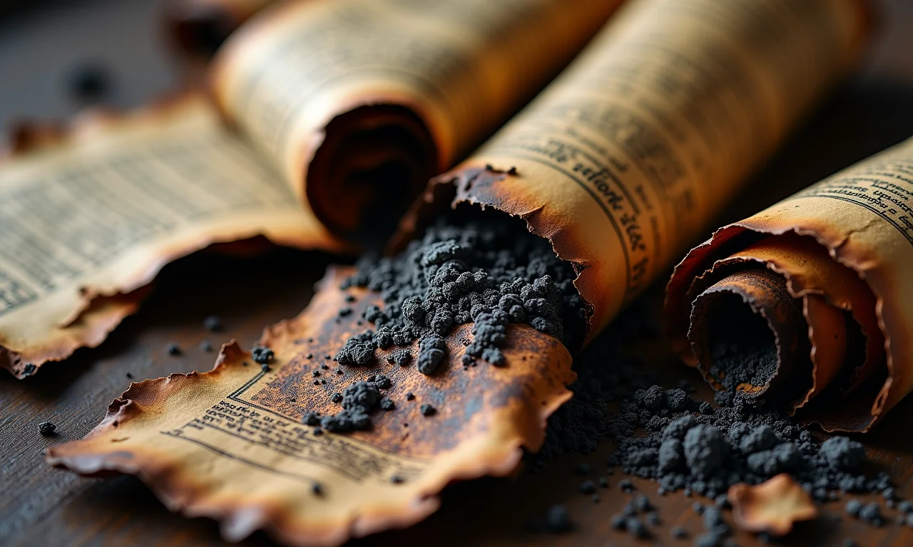 Fragmentos de pergaminhos queimados da Biblioteca de Alexandria, representando a perda de obras insubstituíveis.