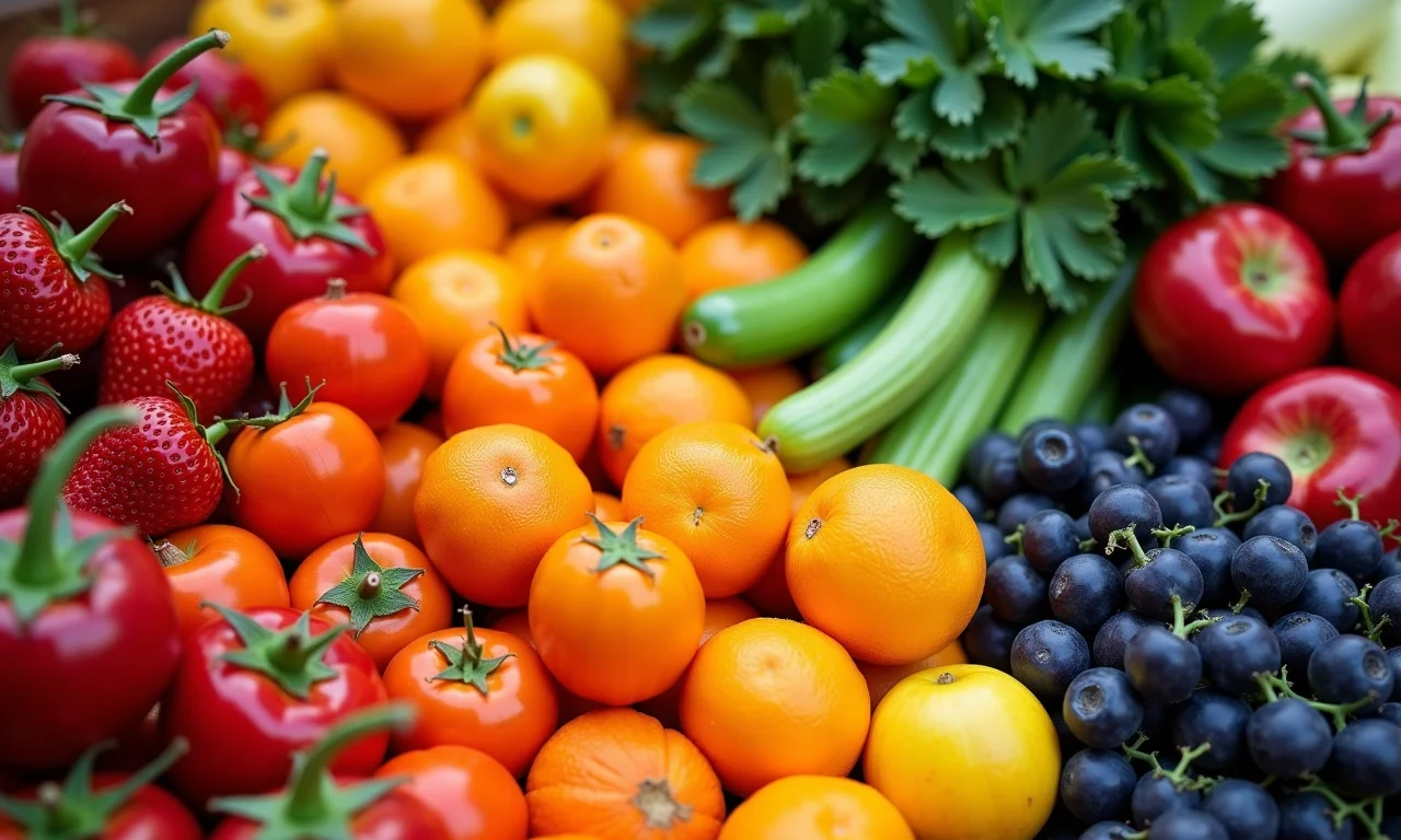 Frutas e verduras coloridas organizadas por cor, formando uma composição vibrante.