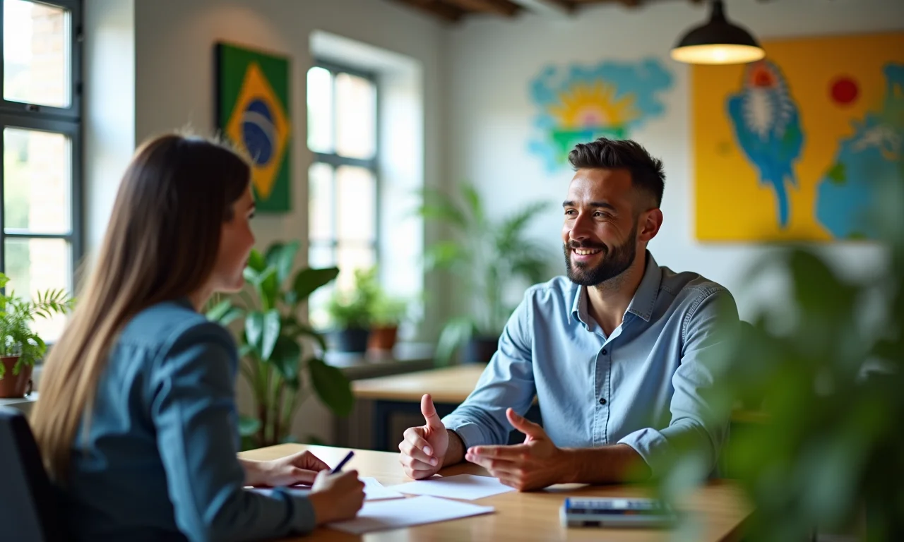 Funcionário dando feedback para gerente em escritório aberto com decoração brasileira.