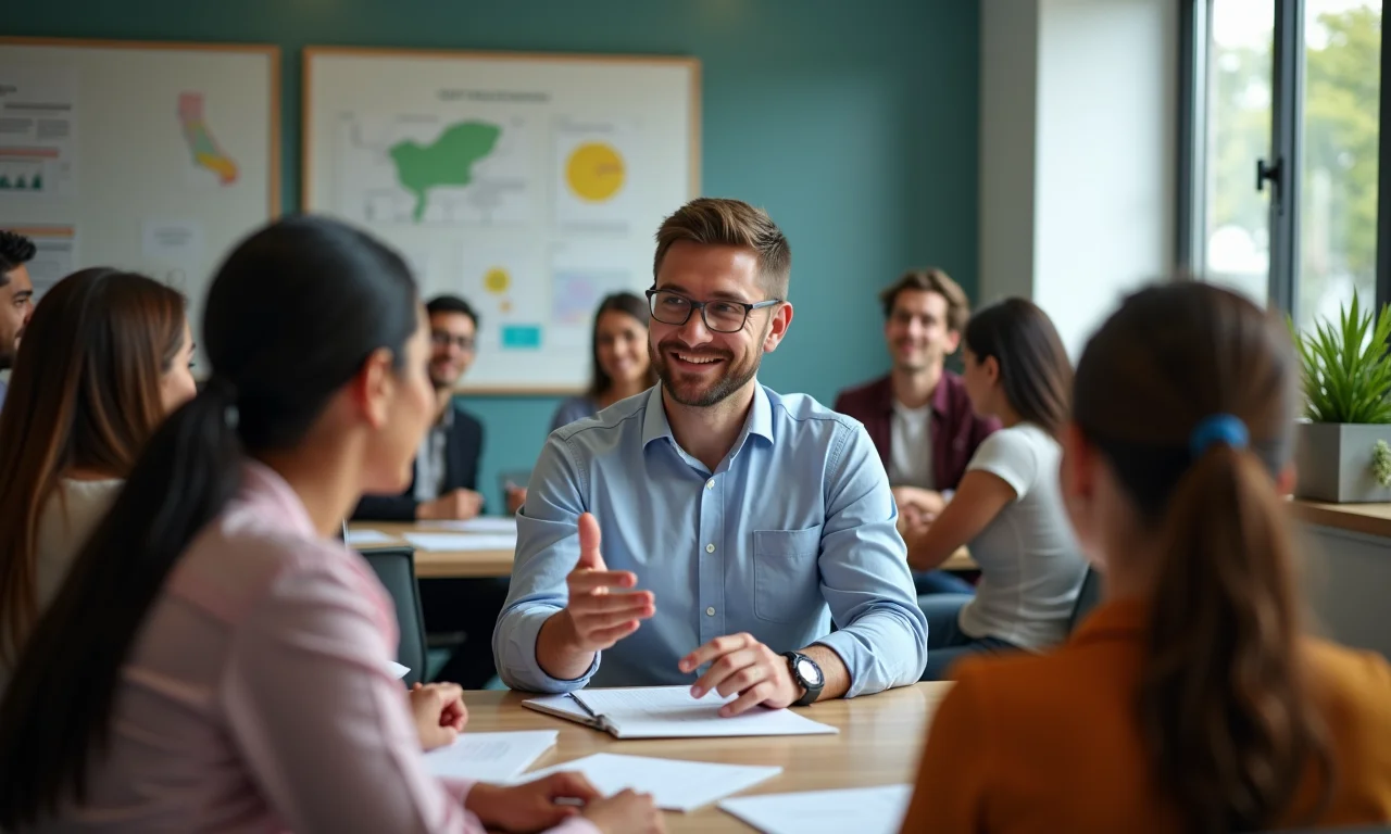 Funcionário participando de workshop de comunicação em sala de aula moderna com decoração brasileira.