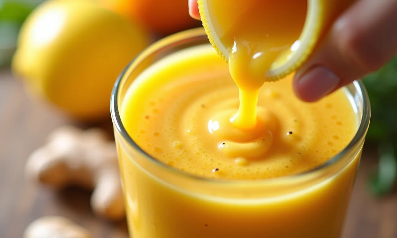 Gengibre sendo adicionado a um smoothie vibrante.