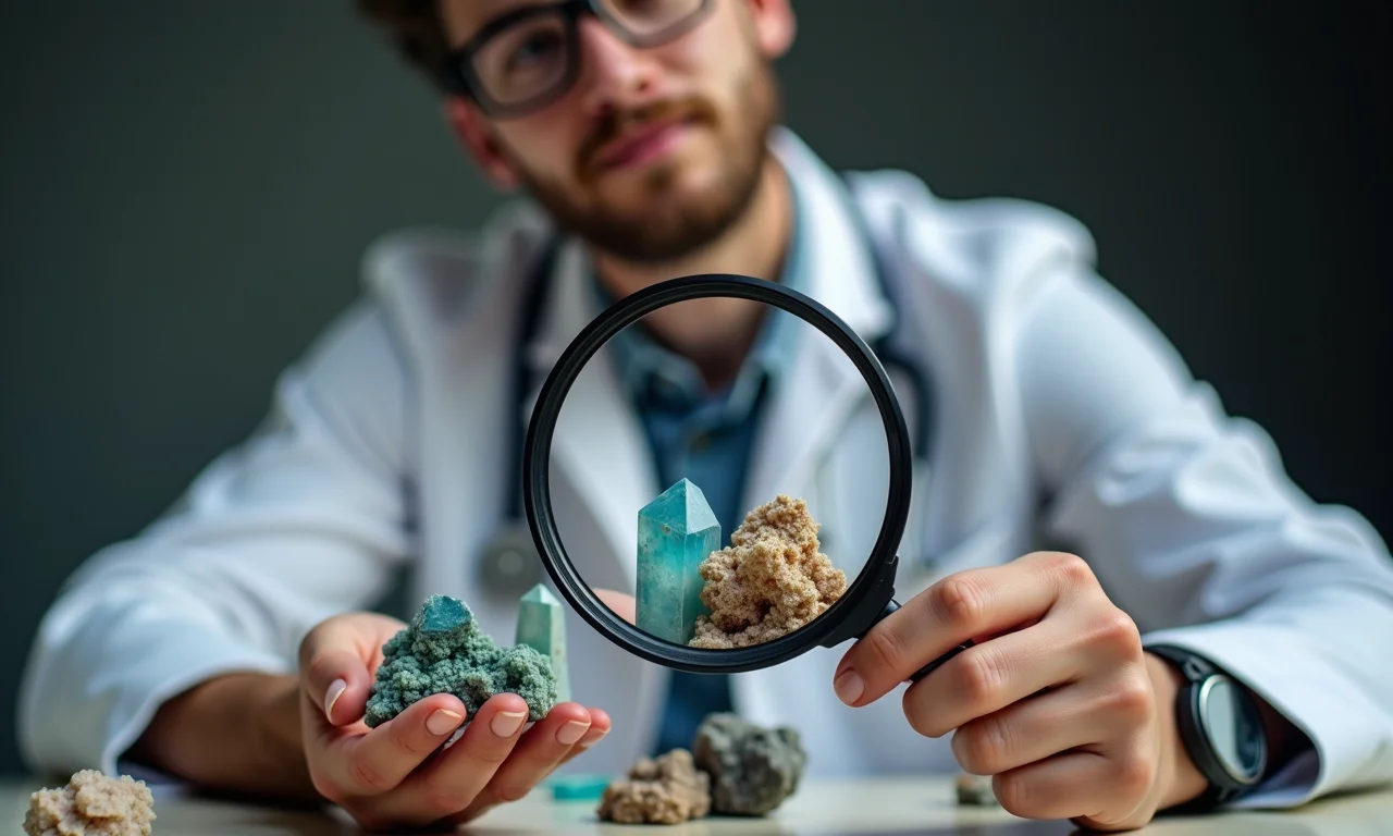 Geólogo examinando minerais com lupa.