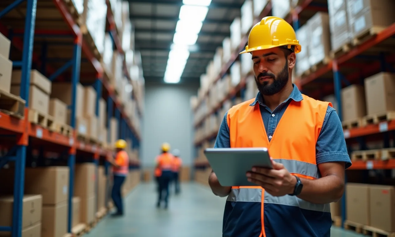 Gerente de logística supervisionando operações em armazém.