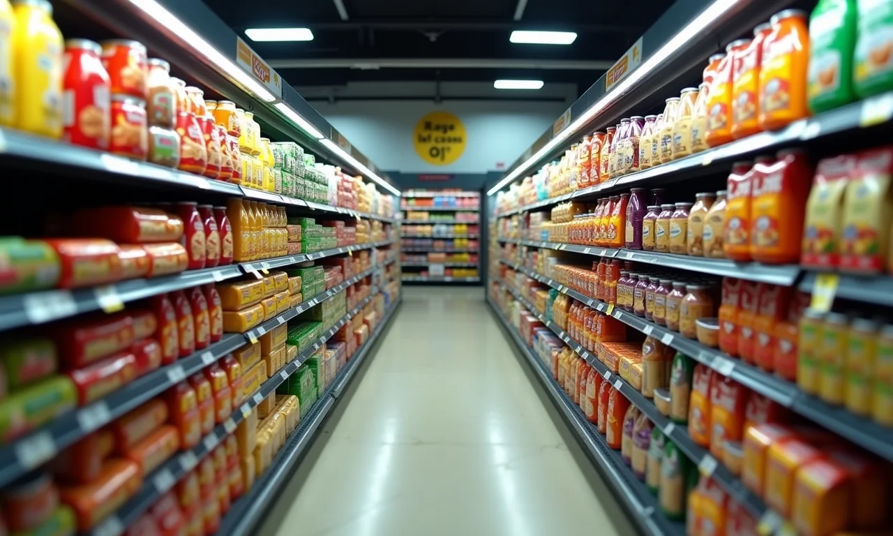 Gôndola de supermercado repleta de embalagens atraentes de alimentos ultraprocessados.