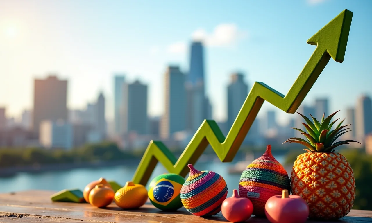 Gráfico ascendente com artesanato brasileiro e skyline europeu.