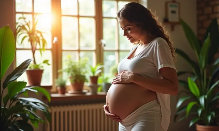 Grávida acariciando a barriga em lar brasileiro, representando cuidado e bem-estar.