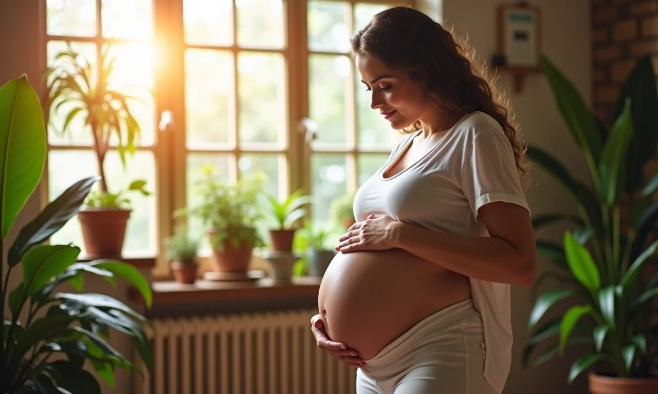 Grávida acariciando a barriga em lar brasileiro, representando cuidado e bem-estar.