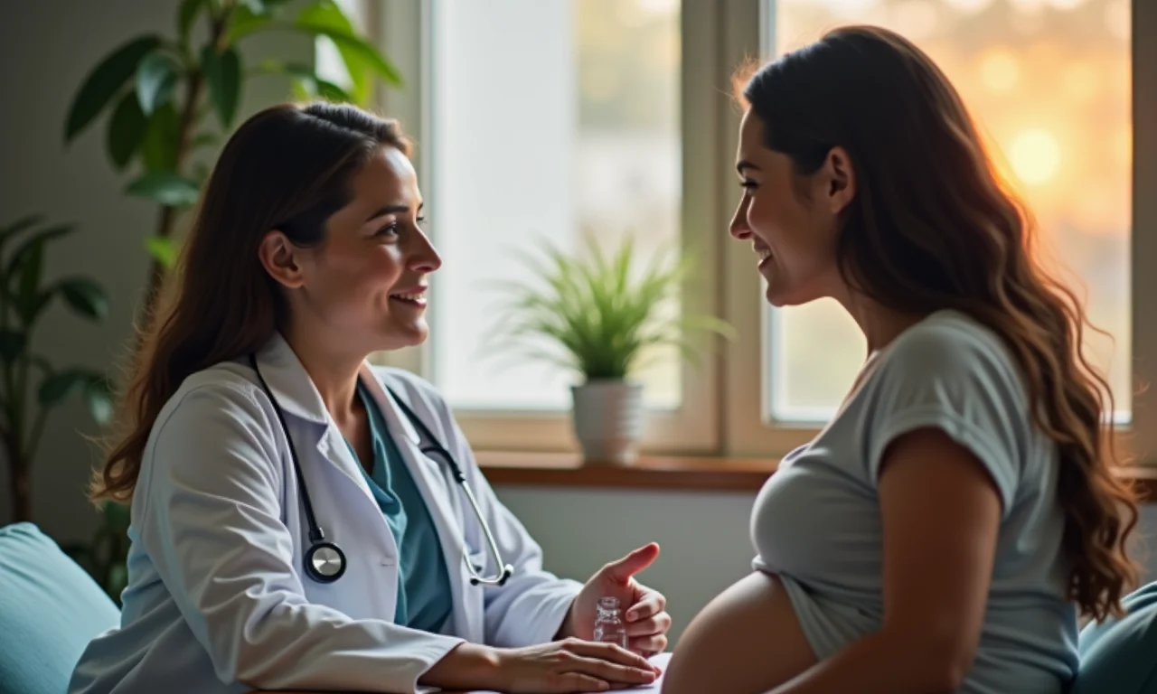 Grávida conversando com médico sobre antibióticos e infecção.