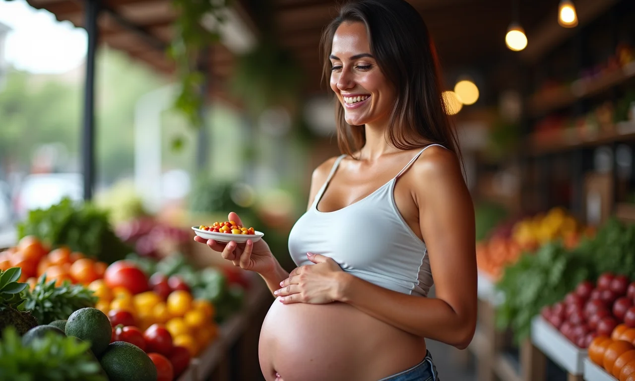 Grávida segurando vitaminas pré-natais, saúde e vitalidade.
