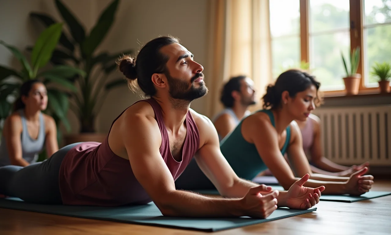 Grupo de adultos praticando yoga para alívio de dores.