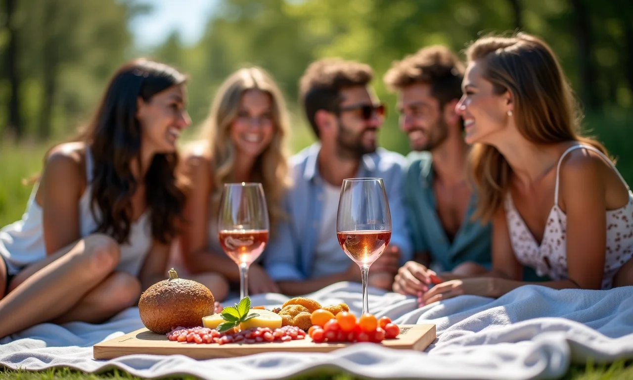 Grupo de amigos diversos em piquenique com vinho rosé.