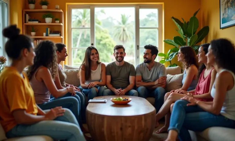 Grupo de brasileiros conversando sobre saúde mental em ambiente acolhedor.