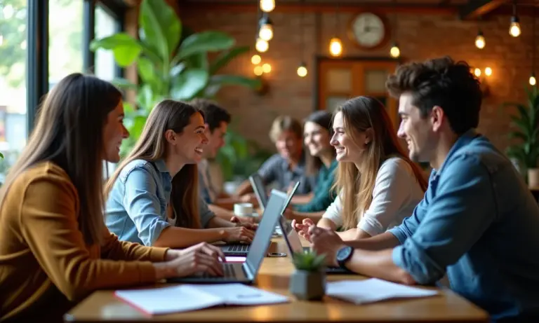 Grupo de jovens brasileiros estudando inglês em um café vibrante.