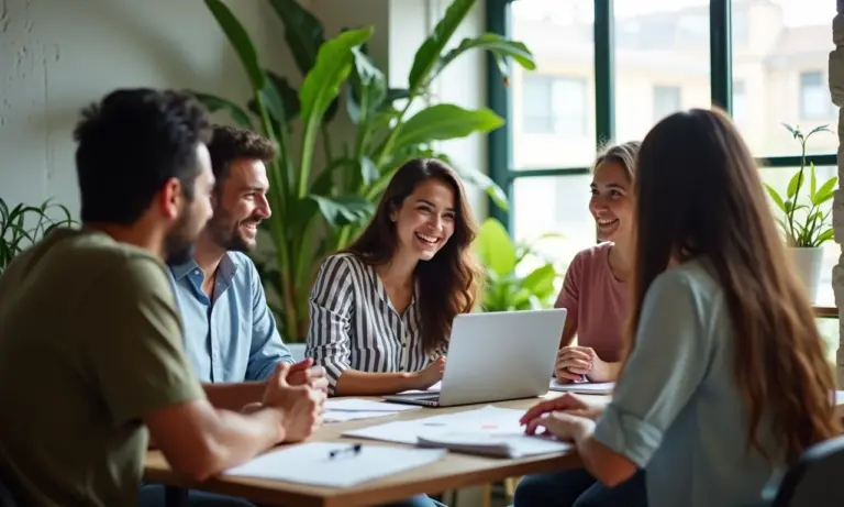 Grupo diverso aprendendo inglês em coworking vibrante no Brasil.