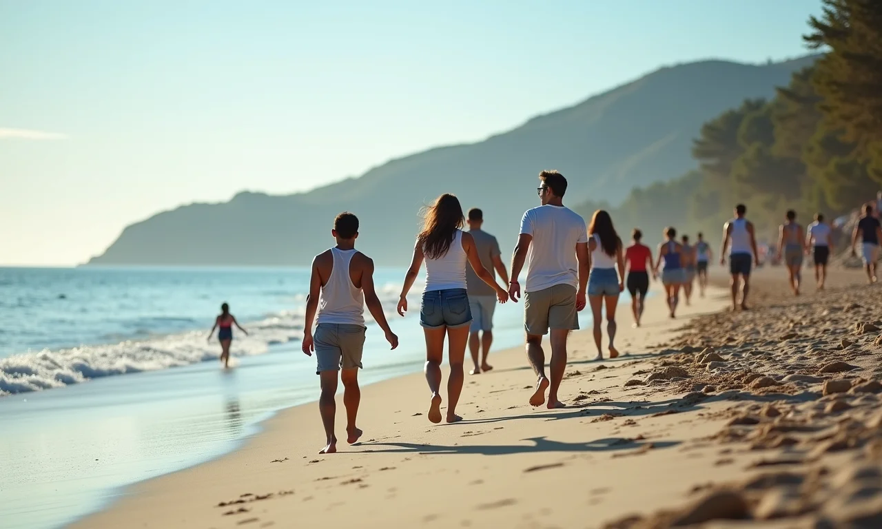 Grupo diverso aproveitando praia limpa e ensolarada.