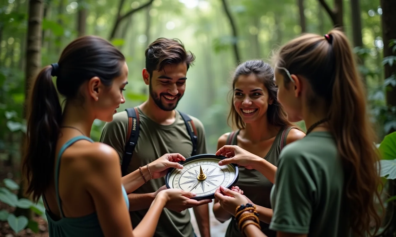 Grupo diverso consultando uma bússola na floresta amazônica, indicando os pontos cardeais.