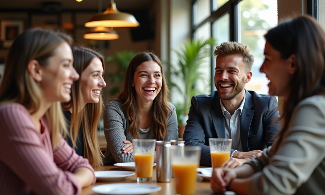 Grupo diverso conversando em inglês em ambiente descontraído.