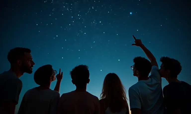 Grupo diverso de brasileiros admirando um céu estrelado e constelações.