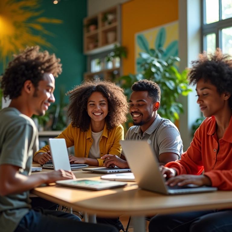 Grupo diverso de brasileiros aprendendo inglês online em espaço de coworking vibrante.