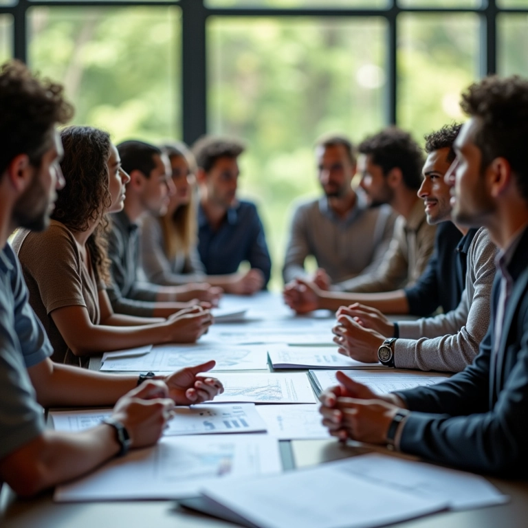 Grupo diverso de brasileiros debatendo política econômica em volta de uma mesa.