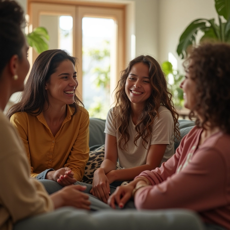 Grupo diverso de brasileiros sorrindo em casa, representando valores.