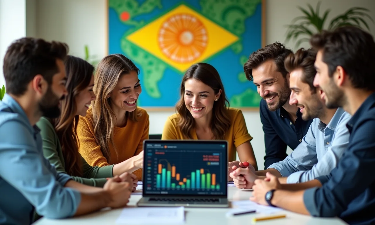Grupo diverso de empreendedores discutindo capitalismo em ambiente de trabalho vibrante.