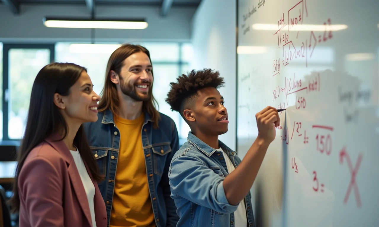 Grupo diverso de estudantes praticando matemática em quadro branco.