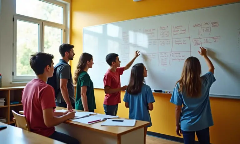 Grupo diverso de estudantes resolvendo problemas de matemática em um quadro branco.