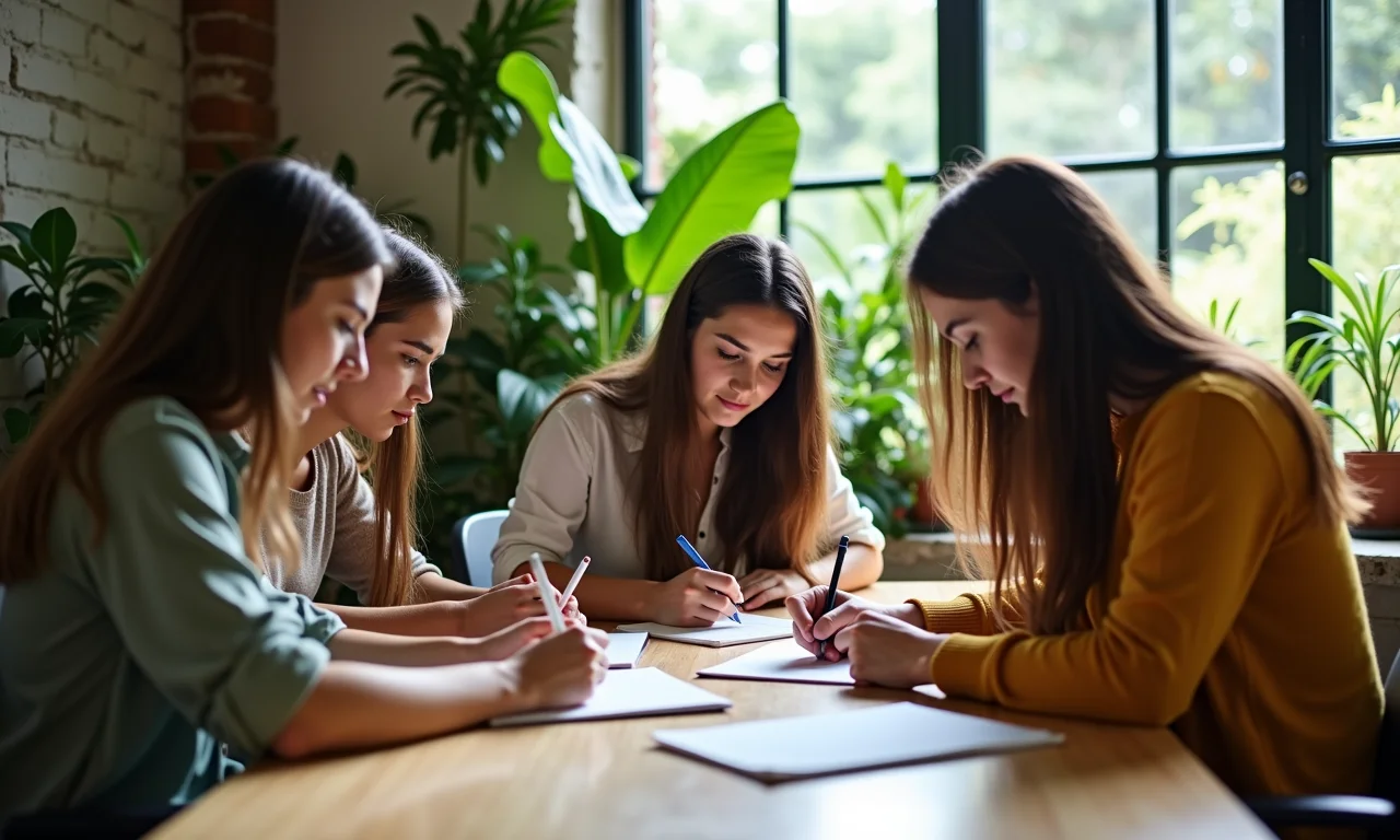 Grupo diverso de jovens adultos escrevendo redação em coworking vibrante.