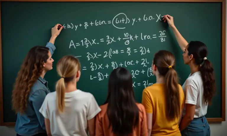 Grupo diverso de mulheres colaborando em equações matemáticas complexas.