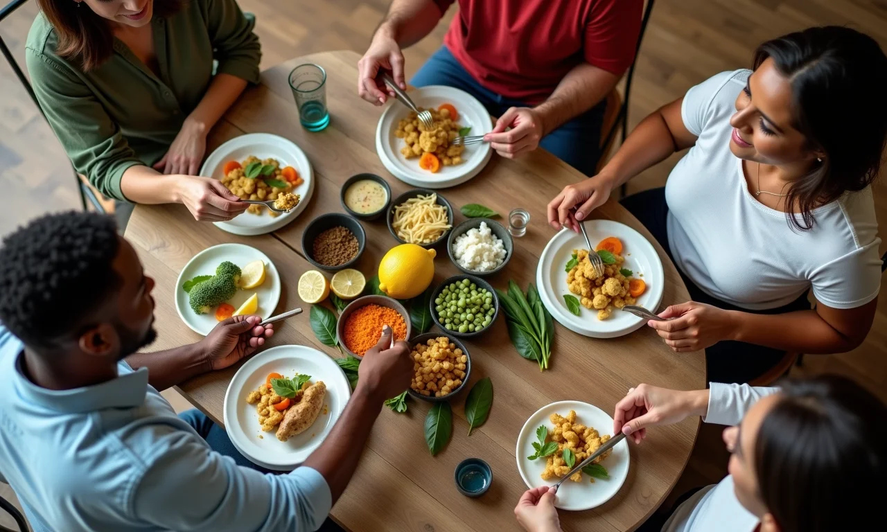 Grupo diverso de pessoas apreciando uma refeição saudável com gengibre.