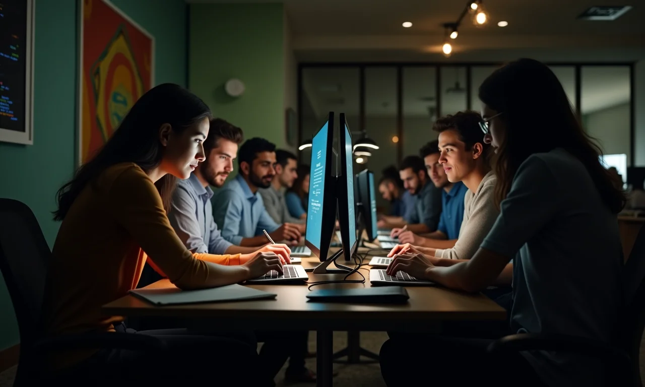 Grupo diverso de programadores trabalhando em projeto de programação baseado no sistema decimal.