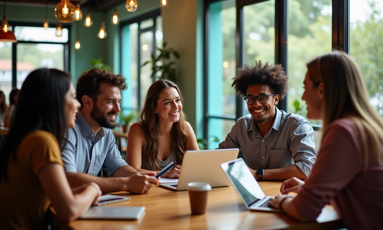 Grupo diverso discutindo frases com 'Uns' e 'Umas'.