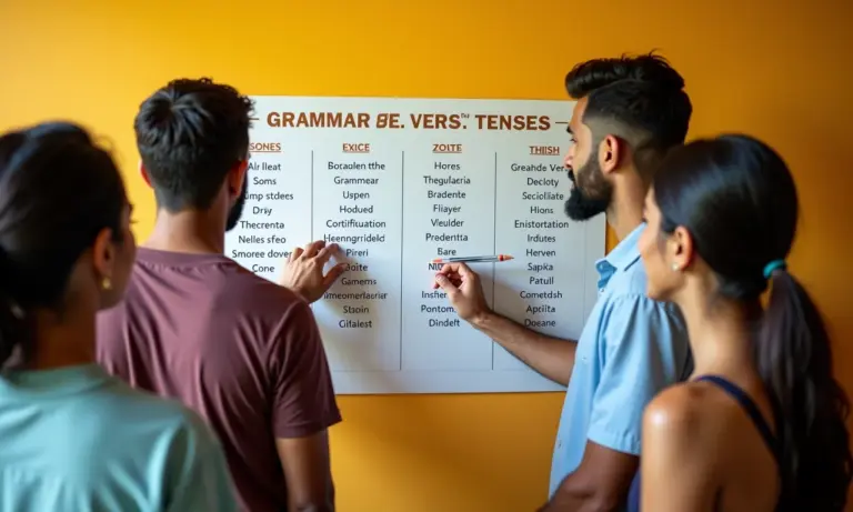 Grupo diverso estudando formas verbais em um ambiente vibrante.