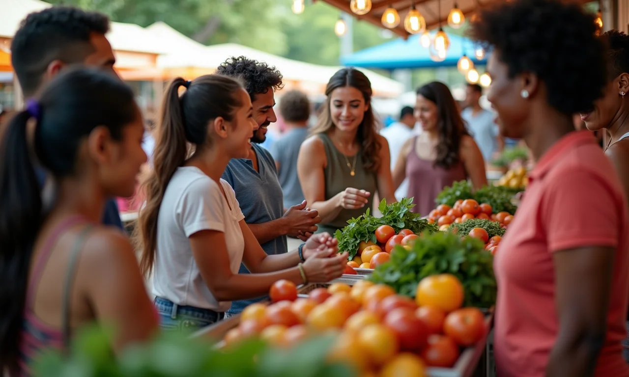 Grupo diverso interagindo em mercado brasileiro, simbolizando integração.