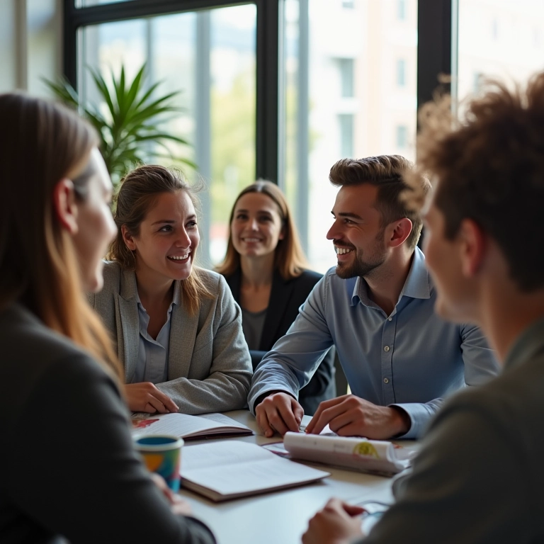 Grupo diverso participando de uma dinâmica em escritório moderno.