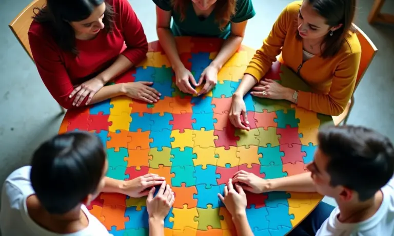 Grupo diverso resolvendo Tangram em mesa colorida.