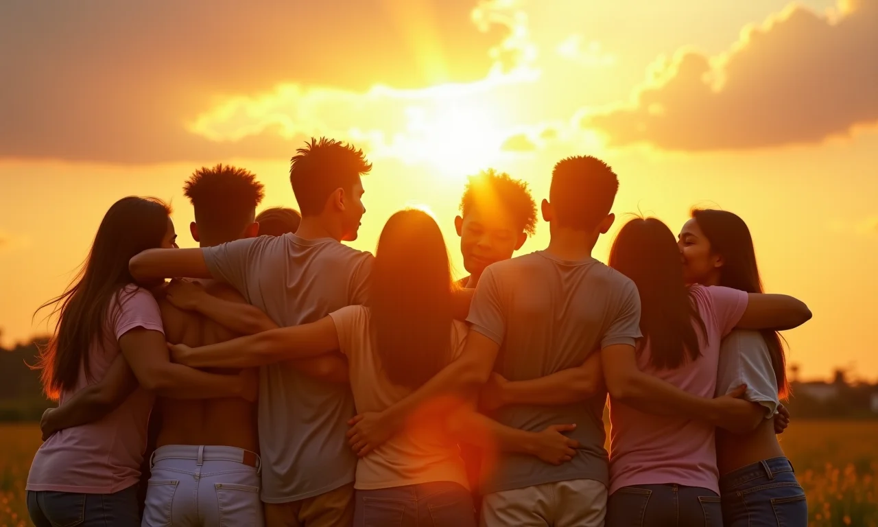 Grupo diverso se abraçando sob o céu vibrante, irradiando amor e compaixão.
